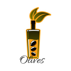 Olive oil bottle with black olives vector icon