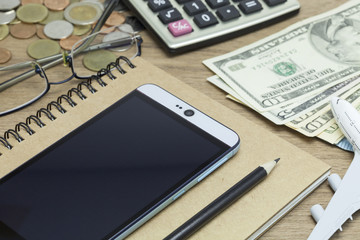 Office desk wood table of Business workplace and business objects.