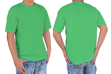 Man wearing blank lime green t-shirt with clipping path, front and back view