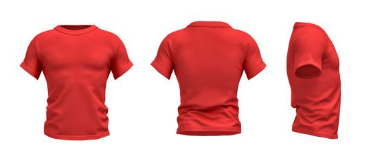 3d rendering of a red T-shirt shaped as a realistic male torso in front, side and back view.