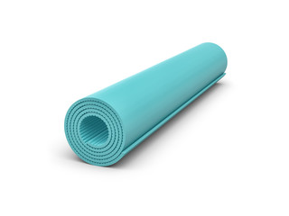 3d rendering of light blue yoga mat for exercise is rolled up isolated on white background