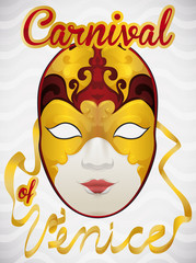 Golden and Gilded Volto Mask with Ribbons Commemorating Venice Carnival, Vector Illustration