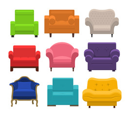 Set of different armchairs. Collection types seating in flat style. Beautiful design elements - classic, retro or modern furniture. Colorful vintage and comfort chair. Isolated vector illustration