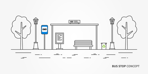 Bus stop vector illustration. Public transport station line art concept. Urban bus terminal with signpost graphic design.
