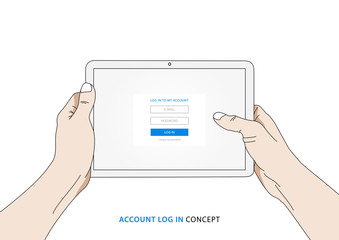 Log in mobile device vector illustration. Access to account on tablet creative concept. Person holds tablet with log in, sign in form on the screen graphic design.
