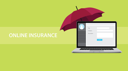 online insurance concept illustration with a notebook on top of table protected by red umbrella