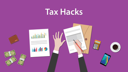 illustration of counting tax hacks with paperworks, calculator and money on top of table and purple background © teguhjatipras