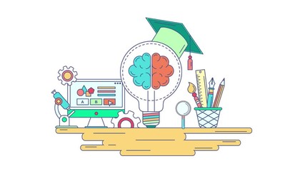 Animation flat line knowledge and creative education graphic design. Flat creativity school and stationary sign and symbol education icon with isolated background concept in 4k - Powered by Adobe