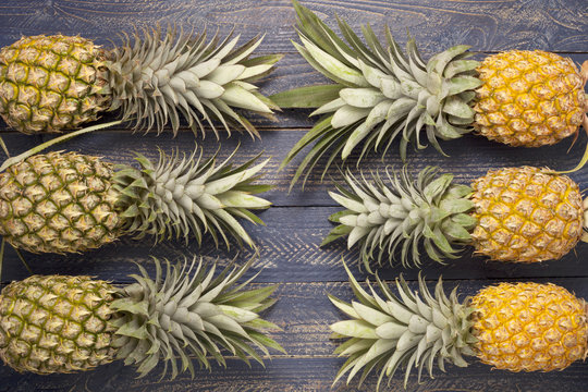  Row of pineapple fruits on blue wooden table background.