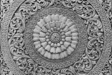 Wood carving art in Thailand. Black and white