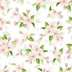 Vector seamless pattern with pink apple blossoms and green leaves on a white background.