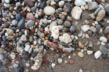 Many different pebble stone on sand