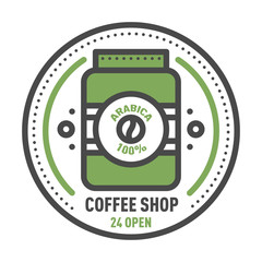 Coffee badge logo food design thin line lettering for restaurant, cafe menu coffee house and shop element beverage label sticker vector illustration.