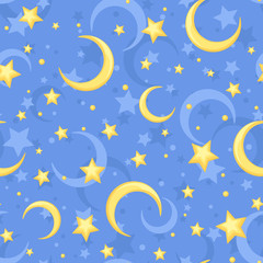 Obraz na płótnie Canvas Vector seamless pattern with yellow stars and crescents on a blue background.