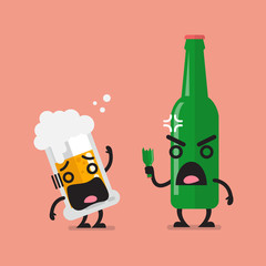 Angry beer bottle with glass of beer character