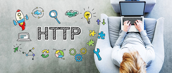 HTTP text with man using a laptop