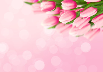 Bouquet of tulips on pink background with space for message. Valentine's Day and Mother's Day background. Toned image. Soft focus.