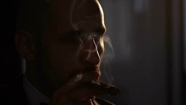 Close-up portrait of brutal man in the smoke keeping a cigar in hand.