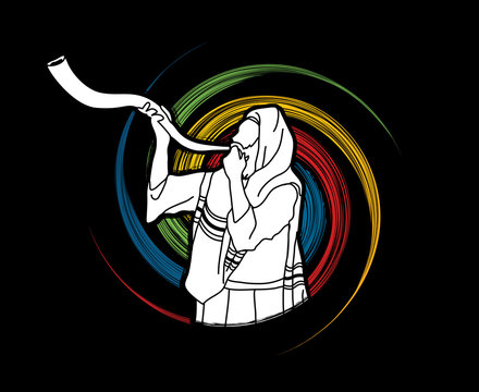 Jew blowing the shofar sheep kudu horn on spin wheel background graphic vector.