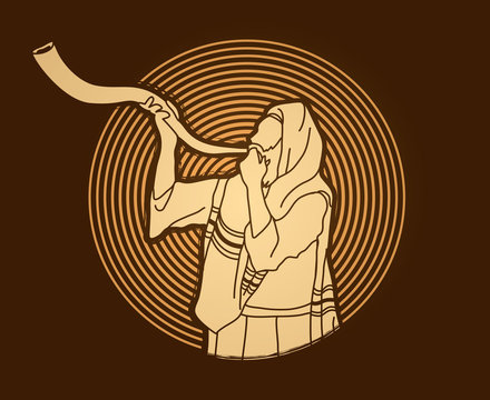 Jew blowing the shofar sheep kudu horn on circle light background graphic vector.