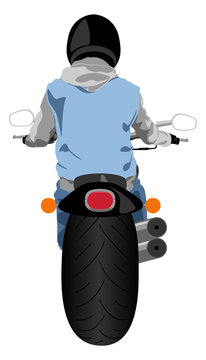 Fat dragster motorcycle with rider wearing sleeveless jeans jacket and helmet rear view isolated vector illustration
