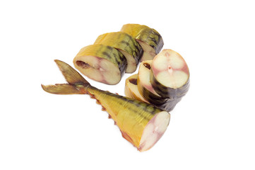 Sliced smoked Atlantic mackerel on a light background