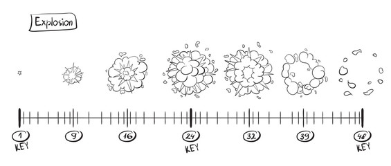 Storyboard animation explosion. Sketch on the timeline
