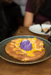 Mango Souffle Pancake Topped with Taro Ice Cream