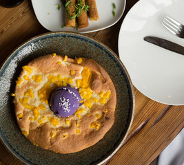 Mango Souffle Pancake Topped with Taro Ice Cream