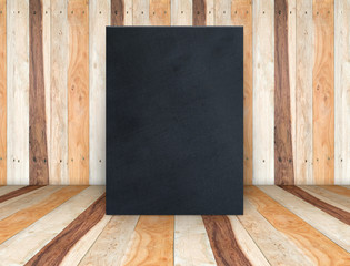 Blank black fabric poster canvas at wooden plank room,Mock up template for adding your content or design,Business presentation.