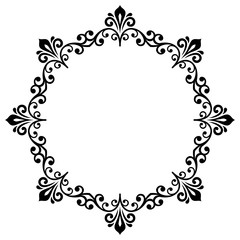 Oriental round frame with arabesques and floral elements. Floral fine border. Greeting card with place for text. Black and white pattern
