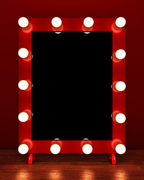 Retro make up mirror on wooden table. 3D rendering