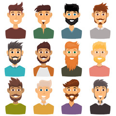 Character of various expressions bearded man face avatar and fashion hipster hairstyle head person with mustache vector illustration.