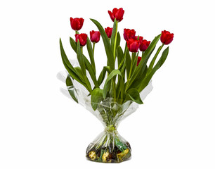 bunch of red tulips isolated on white