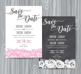 Wedding invitation vintage card, Freehand flower on the chalkboard, invitation set design template.