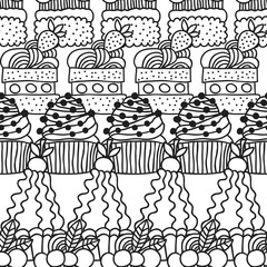 Black and white seamless pattern with cakes for coloring books.