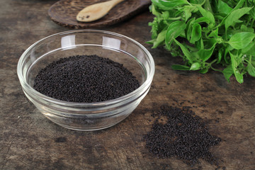 raw basil seed, herb in Thai, aids digestion as a laxative