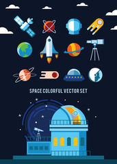 Set of Vector Icons and Illustrations in Flat Design Style. Planets, Rockets, Stars