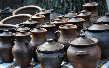 Still life with modern pottery vessels made of clay