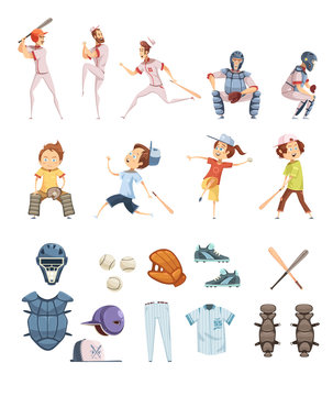 Baseball Cartoon Retro Style Icons Set 