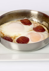 Fried eggs with sausage in pan