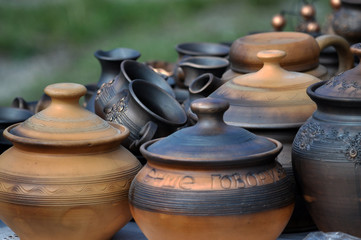 Still life with modern pottery vessels made of clay