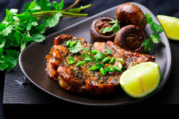 Cilantro-flavoured Pork Chops with Mushrooms