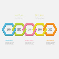 Five step Timeline Infographic. Colorful 3D polygon line chain segment. Template. Flat design. White background. Isolated.
