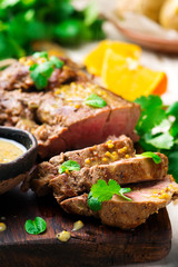 Marinated Pork Fillet.selective focus.style rustic