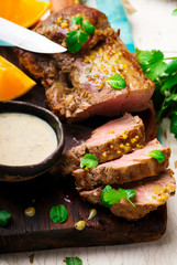 Marinated Pork Fillet.selective focus.style rustic