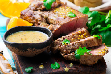 Marinated Pork Fillet.selective focus.style rustic