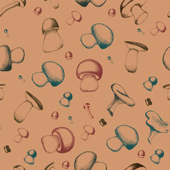 Hand drawn seamless pattern with mushrooms.