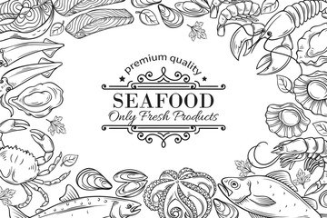 Vector hand drawn seafood restaurant menu illustration.