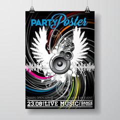 Vector Party Flyer Design with music elements on grunge background. Eps10 illustration.